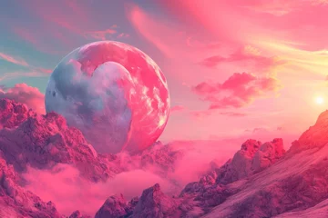  A heart-shaped planet with landscapes made of various shades of red and pink, vibrant pastel bright sky background © Gasi