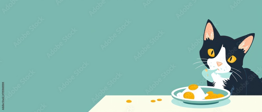 Poster a black and white cat sitting at a table with a bowl of eggs in front of it and a plate of eggs in f