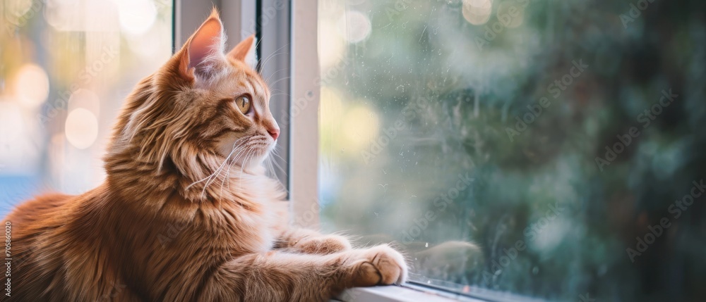 Poster a close up of a cat sitting on a window sill with its paw on the side of the window.