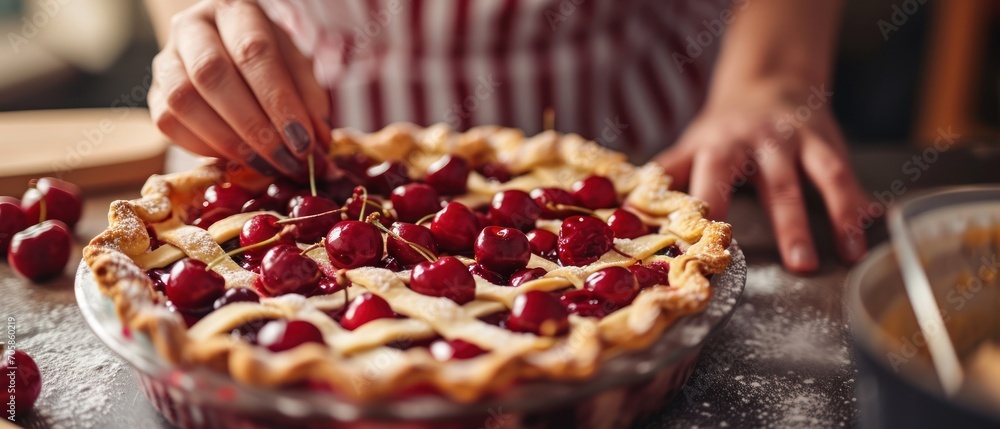 Poster a close up of a pie with cherries on a table with a person cutting a piece of pie with a knife.