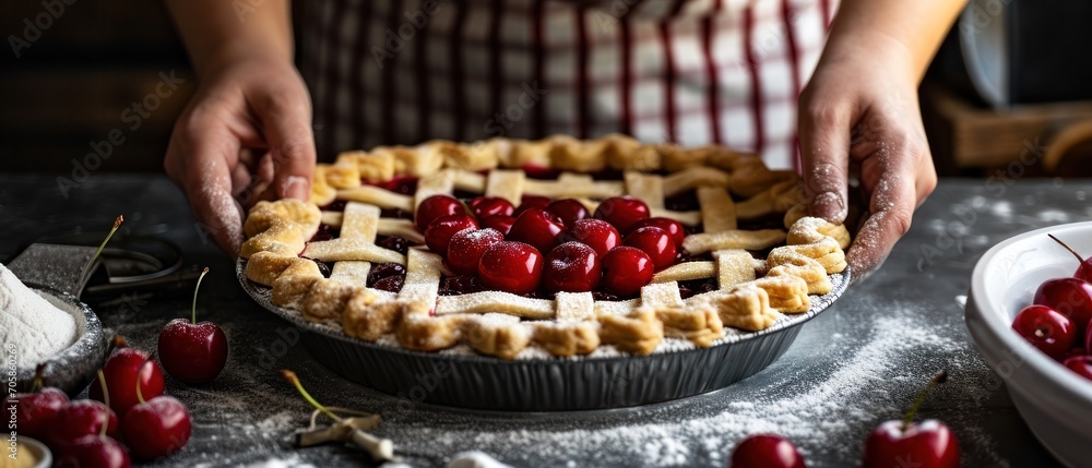 Poster a person placing cherries on top of a pie crust in a pie pan on a table with other pie crusts and ch