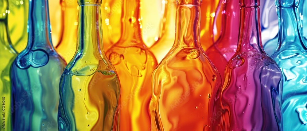 Poster a group of multicolored wine bottles sitting side by side in front of a multicolored glass wall.