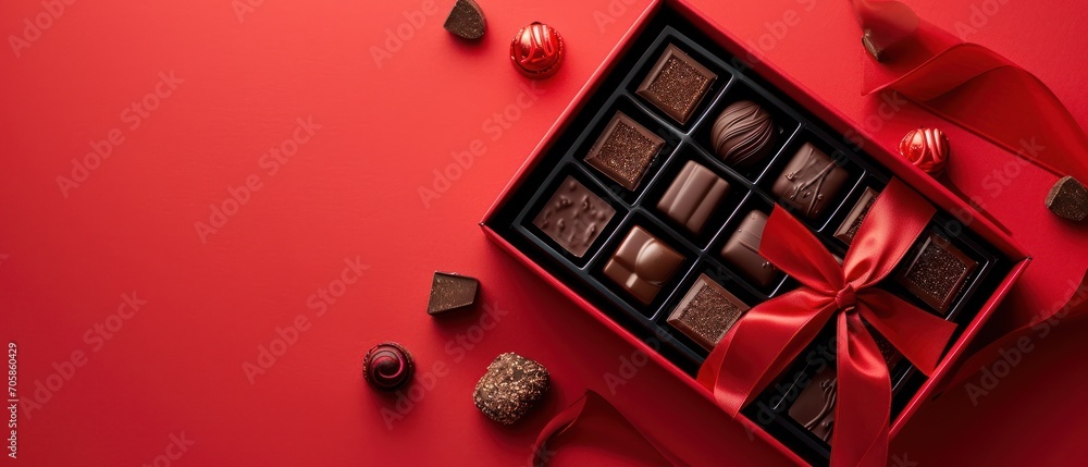 Poster a box of chocolates with a red ribbon on a red background with other chocolates and candies around i