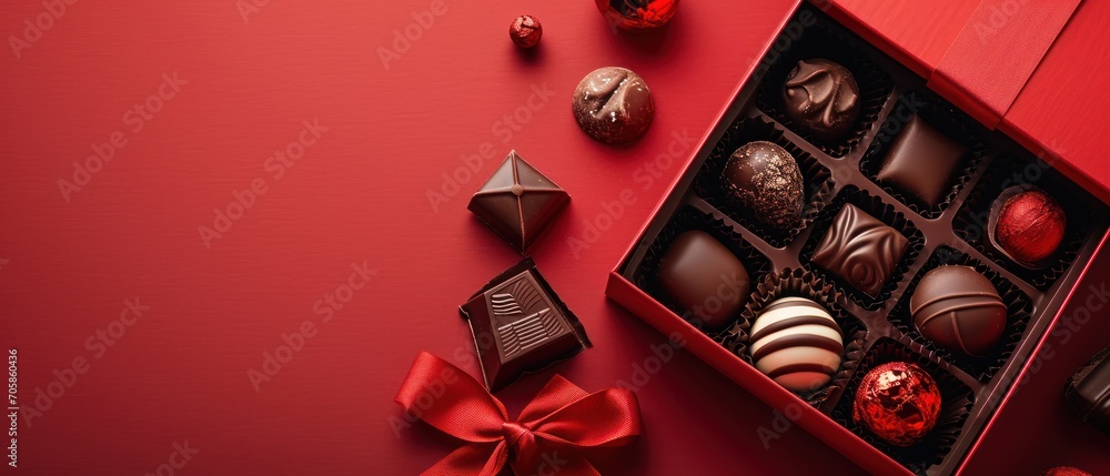 Poster a box of assorted chocolates with a red ribbon around it on a red surface with a red bow.