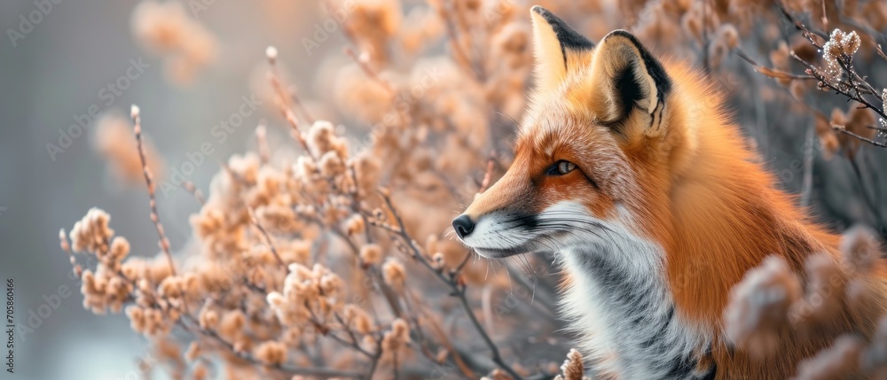 Poster a red fox standing in the middle of a field of tall grass, its fur a deep red color the background i