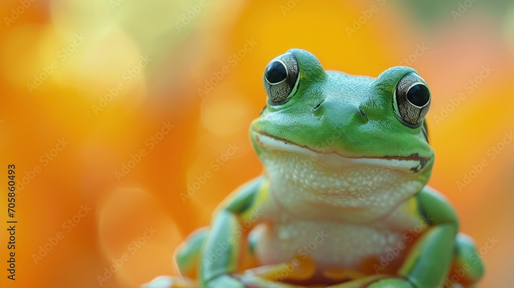 Poster a close up of a frog with a blurry background in the foreground and a blurry background in the backg