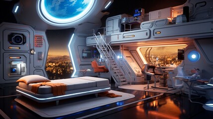 A futuristic-themed bedroom with a spaceship-inspired bunk bed, interactive control panels, and cosmic wall art, igniting curiosity.