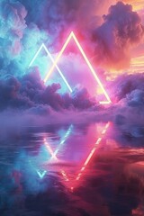 Fototapeta na wymiar Rainbow Colored Glowing Neon Triangle in the Clouds with a Lake - Dreamy Scene 3D Render Cover Background created with Generative AI Technology