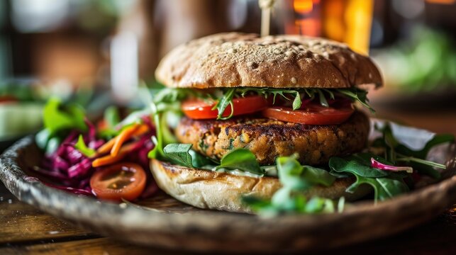 Close-up of juicy, grilled veggie burger on rustic plate.