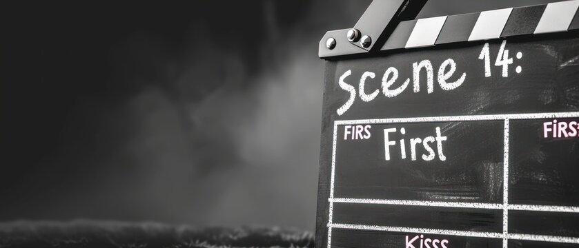  a black and white photo of a movie slate with the words scene 4 first and kiss kiss written on it.