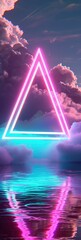 Rainbow Colored Glowing Neon Triangle in the Clouds with a Lake - Dreamy Scene 3D Render Cover Background created with Generative AI Technology
