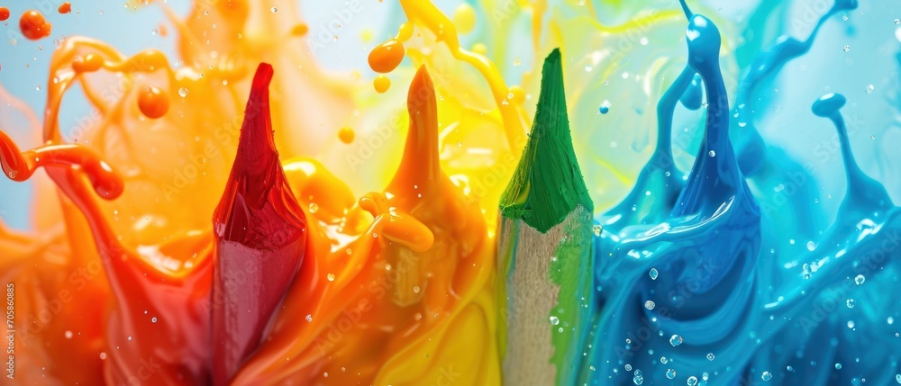Poster a close up of a multicolored painting with drops of water on the bottom and bottom of the image.