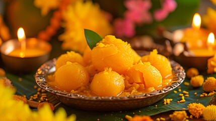 Gudi Padwa Alphonso Mango Delight:  A delectable presentation of Alphonso mangoes, a seasonal delight, as part of the Gudi Padwa festivities - obrazy, fototapety, plakaty