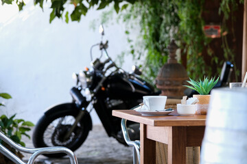 Romantic backstreet coffee shop cafe in historic old town of Ibiza Stadt, Balearic Island with...