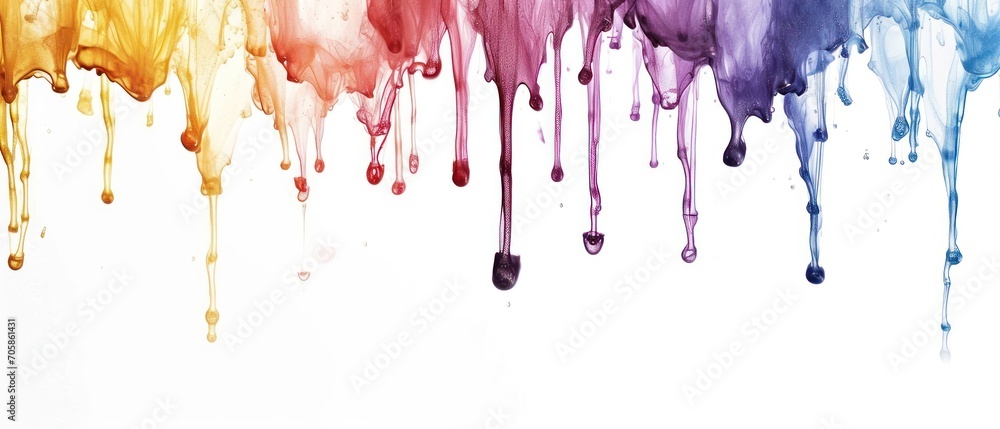 Poster a group of multicolored drops of paint on a white background with space for a text or an image.