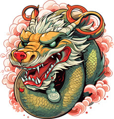 fierce asian dragon graphic with colorful swirling clouds - perfect for lunar new year celebrations, folklore, and fantasy art enthusiasts. chinese new year dragon