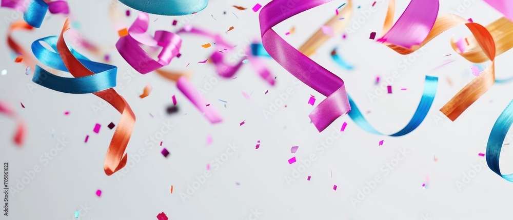 Poster multicolored streamers of streamers and streamers of confetti on a white background with confetti in