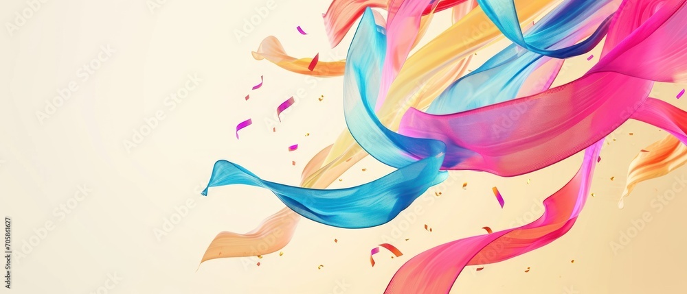 Poster a group of multicolored streamers are flying in the air on a light colored background with confetti 