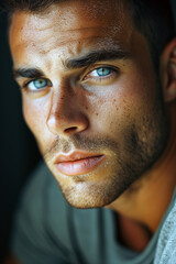 Fototapeta premium Portrait of a natural looking light skinned man, looking into the camera.