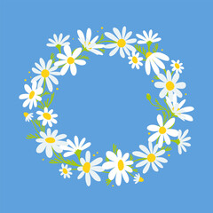 Hand drawn wreath of daisies. Chamomile flowers and leaves. Vector isolated on blue background