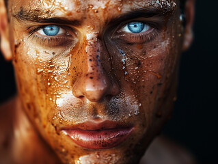 Close up portrait of a man with piercing blue eyes covered in crude oil.