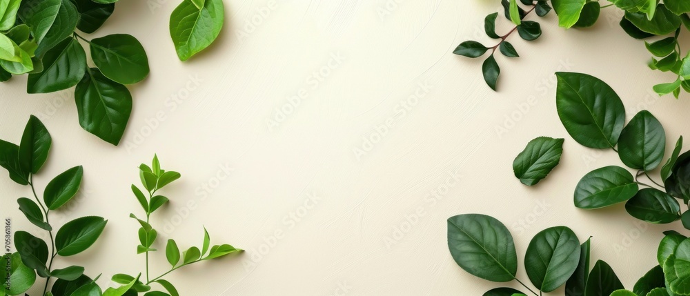 Poster a bunch of green leaves on top of a white surface with space for a text on the left side of the imag