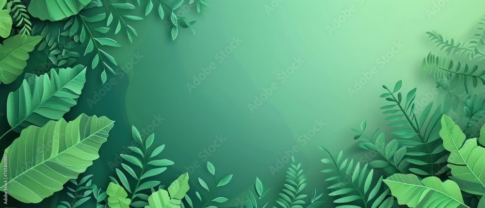 Poster a green background with a bunch of leaves on the bottom of the image and a green background with a b