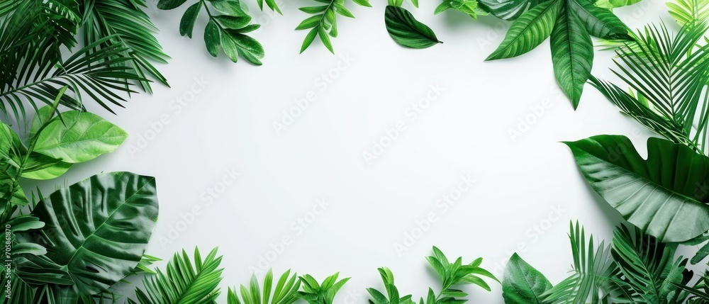 Poster a bunch of green leaves on a white background with a place for a text or an image with a place for t
