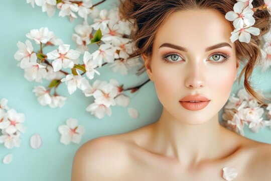 beautiful young woman - spring sale banner with copyspace