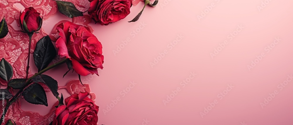 Aufkleber a bunch of red roses on a pink background with a place for a text or an image with a lace border.