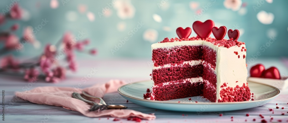 Aufkleber a slice of red velvet cake on a plate with a fork beside it the plate is sitting on a table with a c