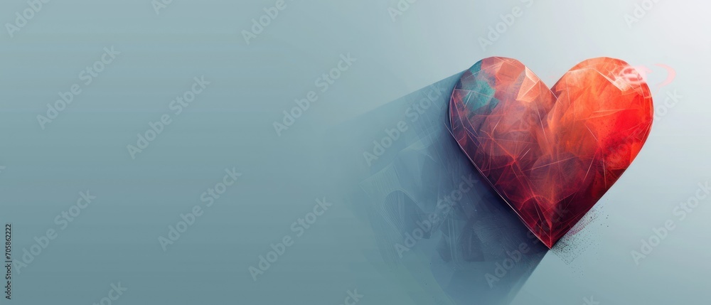 Poster a red heart shaped object sitting on top of a light blue surface with a shadow on the side of it.