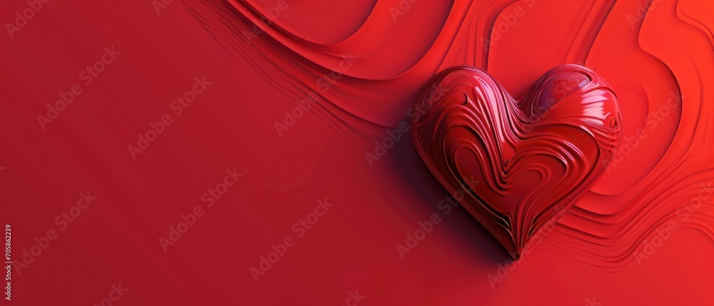 Poster a red heart shaped object sitting on top of a red surface next to a red and white background with wa