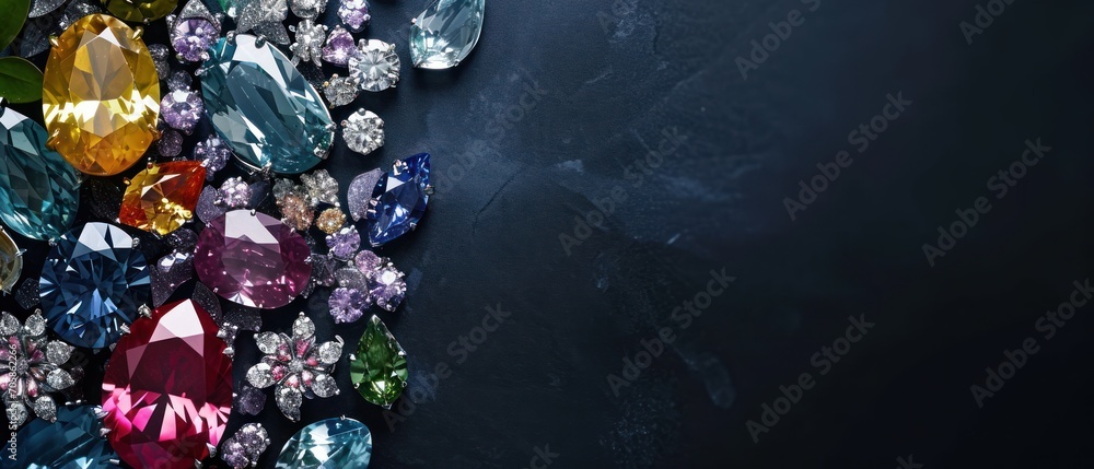 Poster a bunch of different colored jewels on a black background with space for text on the left side of th