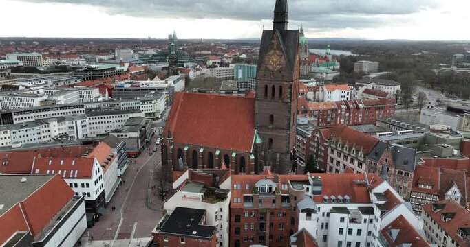 Birds eye aerial view on the market church of St. Georgii et Jacobi. Monumental landmark building in the city of Hanover, Germany.