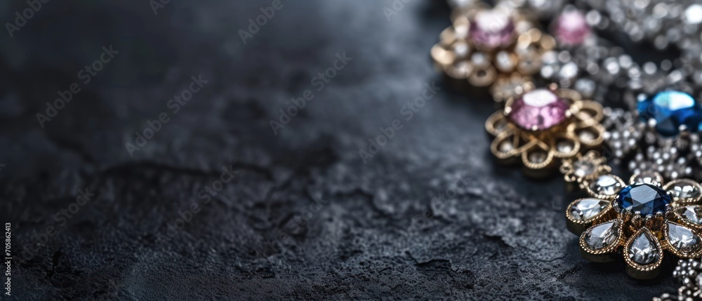 Poster a close up of a chain with a bunch of different colored stones on it and a chain with a bunch of dif
