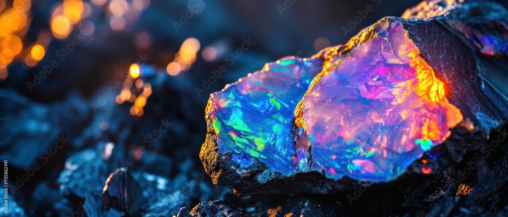 Poster a close up of a rock with a multicolored rock in the foreground and blurry lights in the background.