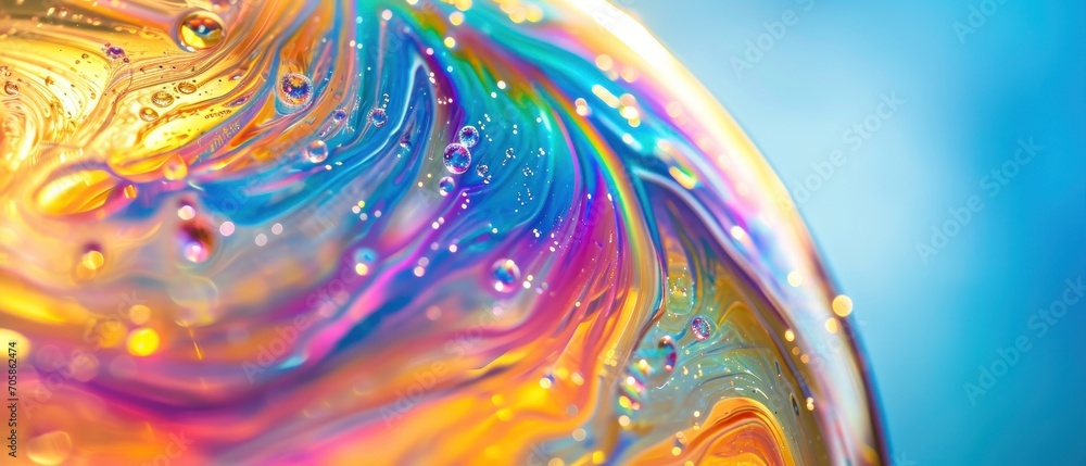 Poster a close up view of a colorful object with water droplets on the bottom of the image and a blue sky i