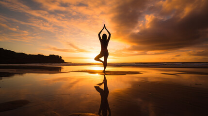 A sunset yoga session on a serene beach a blend of tranquility and adventure.