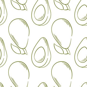 Avocado seamless pattern in line art style. Design for textile, package, wrapping paper. Vector illustration on a white background.