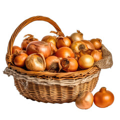 basket containing onions. vegetables, cooking ingredients isolated on transparent background