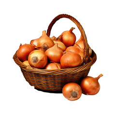 basket containing onions. vegetables, cooking ingredients isolated on transparent background
