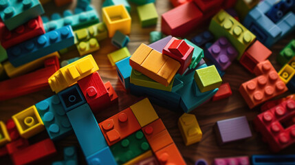 Colorful building block set awaits imagination and creativity on play table.