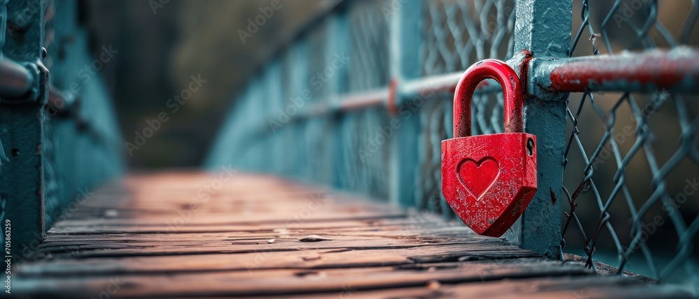 Poster  a red padlock on a chain link bridge with a heart shaped padlock on the side of the bridge.