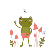 Cute illustration with frog and mushrooms.