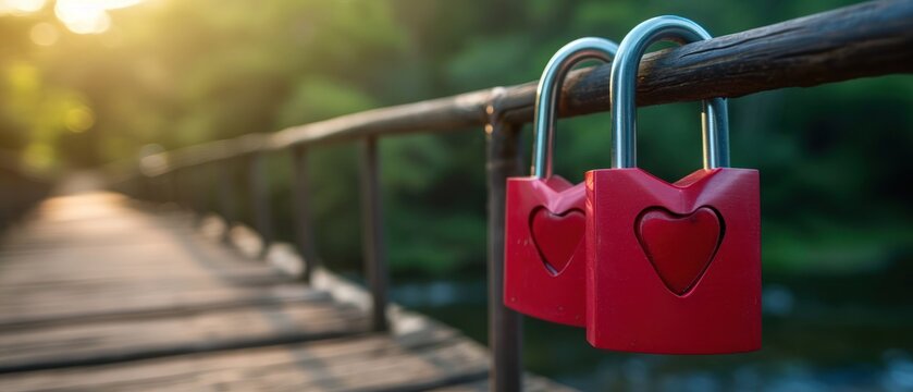  a red padlock on a bridge with a heart shaped padlock on the end of the padlocks.