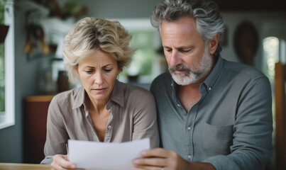 Mature Couple Man and Woman Worried Reading Letter - Powered by Adobe