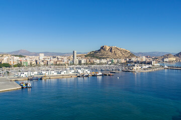 Fototapeta na wymiar View from the sea of the beautiful coastal city of Alicante, Spain