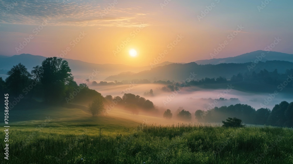 Poster the sun is setting over the mountains in a foggy valley with trees in the foreground and a field of 