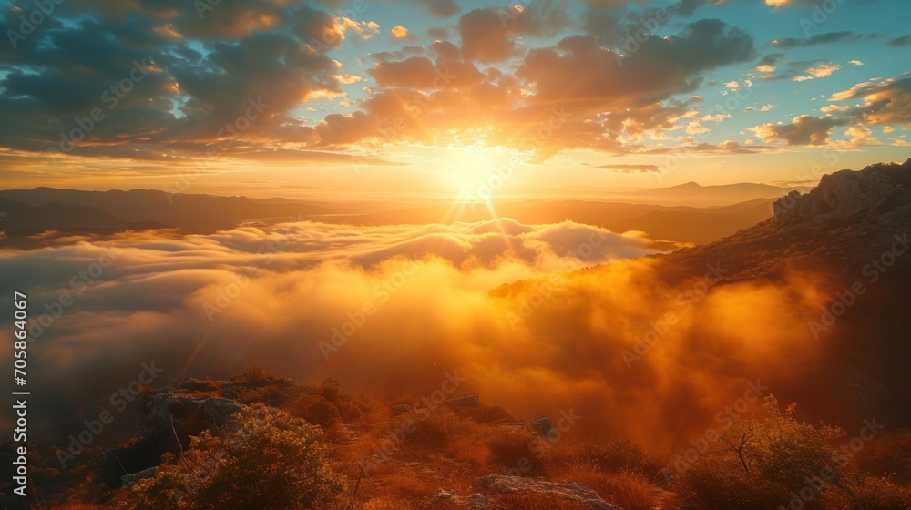 Aufkleber the sun is setting over the clouds on top of a mountain with a view of a valley in the distance.